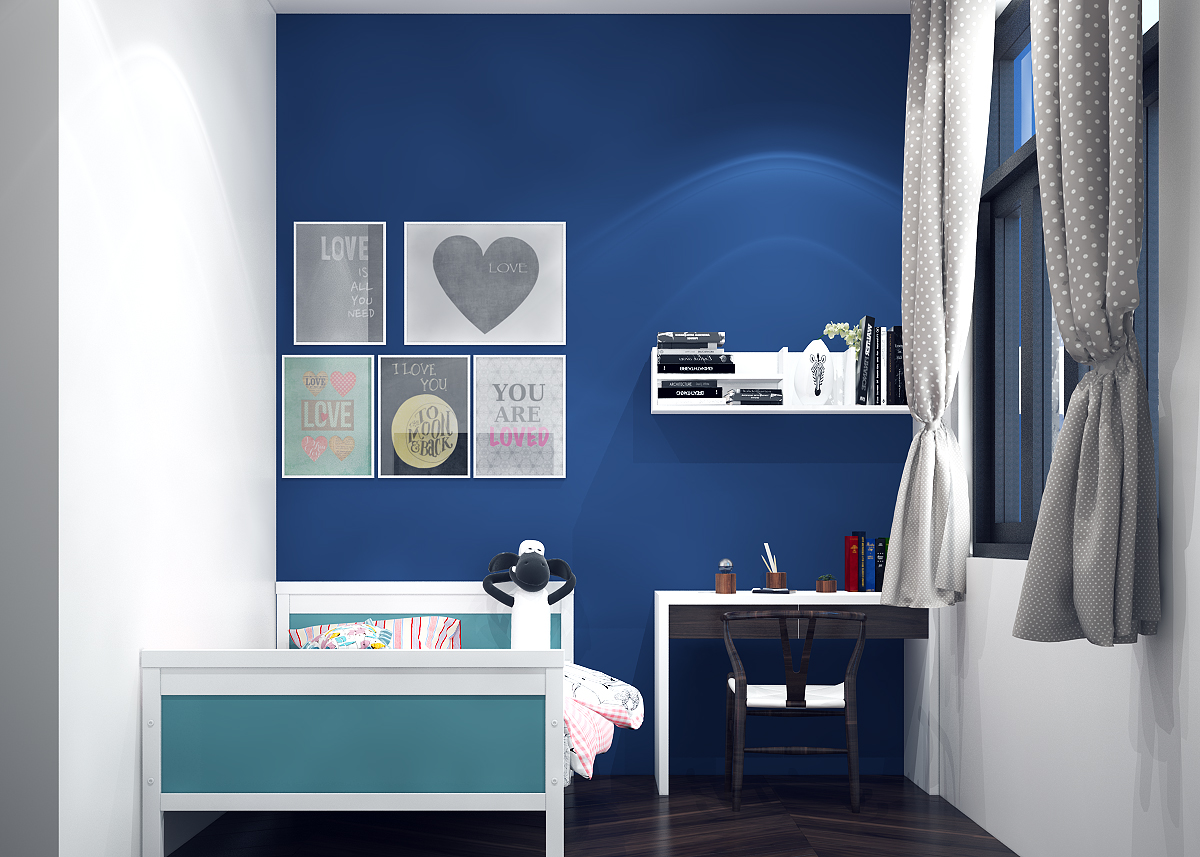 Mẫu thiết kế phòng ngủ trẻ em màu xanh mạnh mẽ