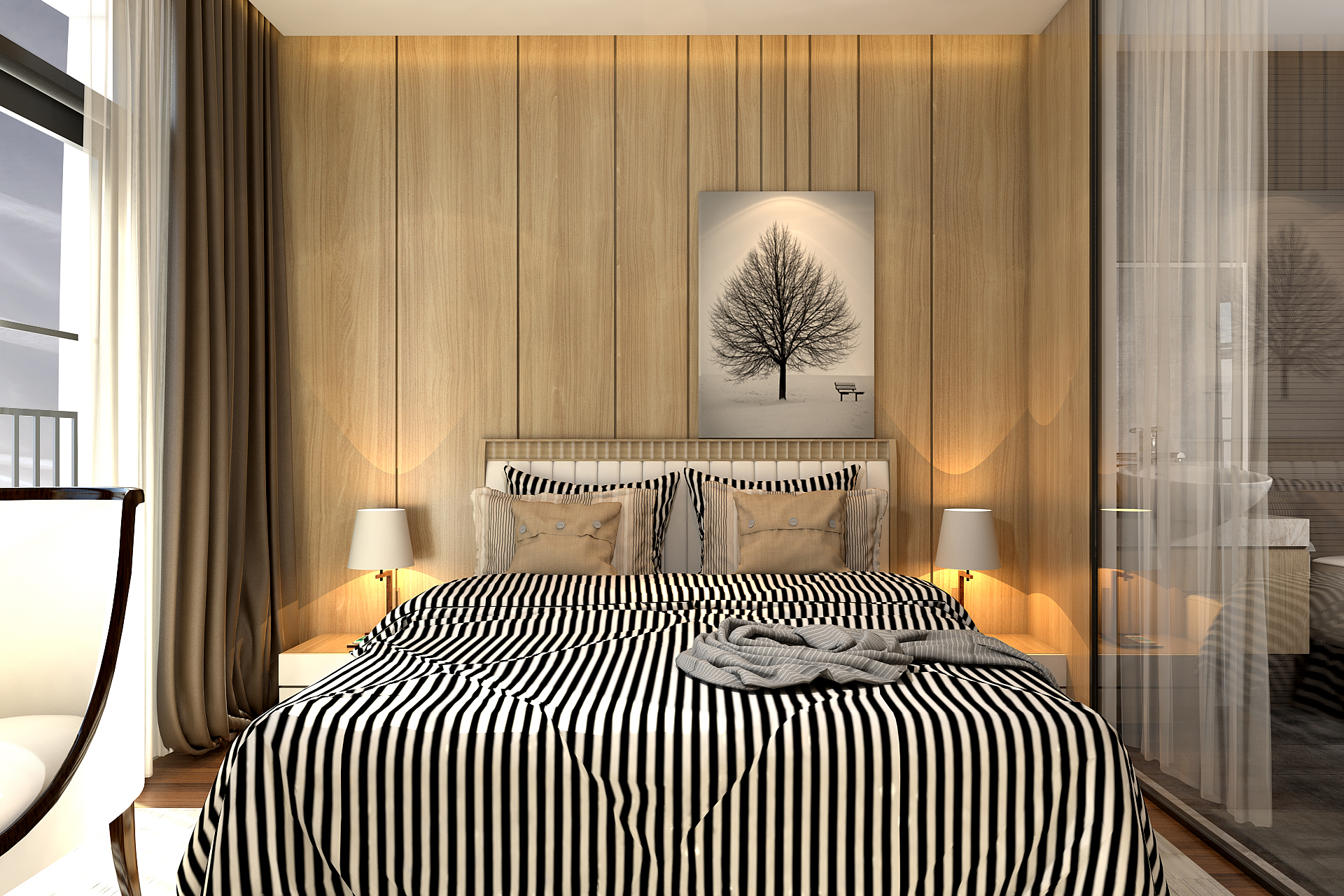 Mẫu thiết kế nội thất phòng ngủ có ga giường họa tiết độc đáo