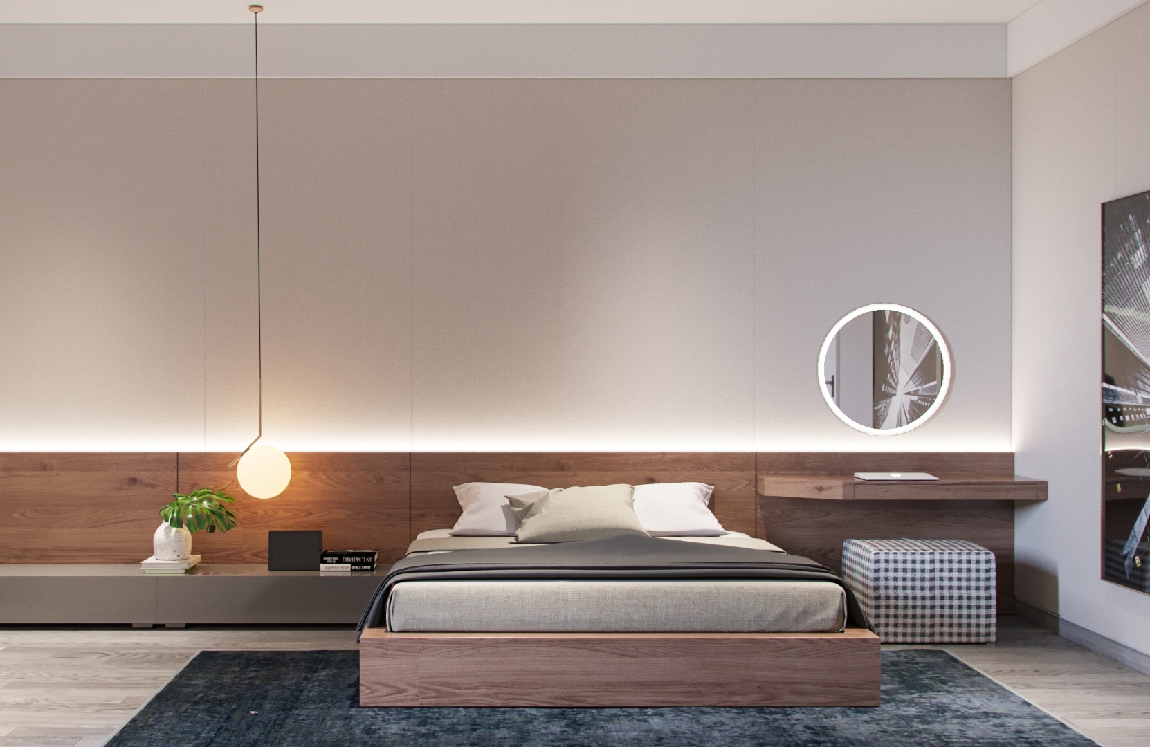 Mẫu thiết kế nội thất phòng ngủ sang trọng với đèn trang trí đơn giản