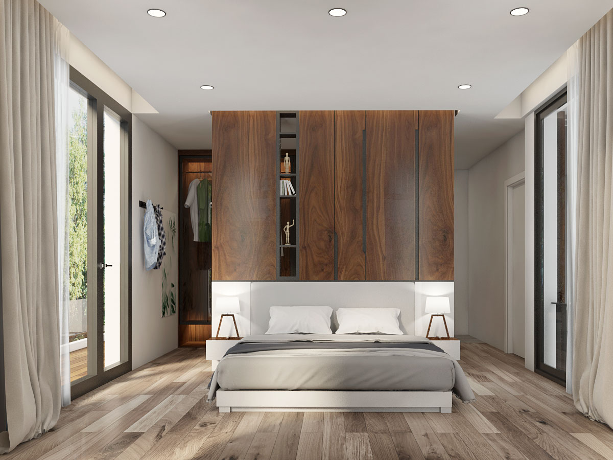 Phương pháp mở rộng không gian: Công trình được thiết kế với bức tường gỗ phía sau tạo cảm giác ấm cúng hơn