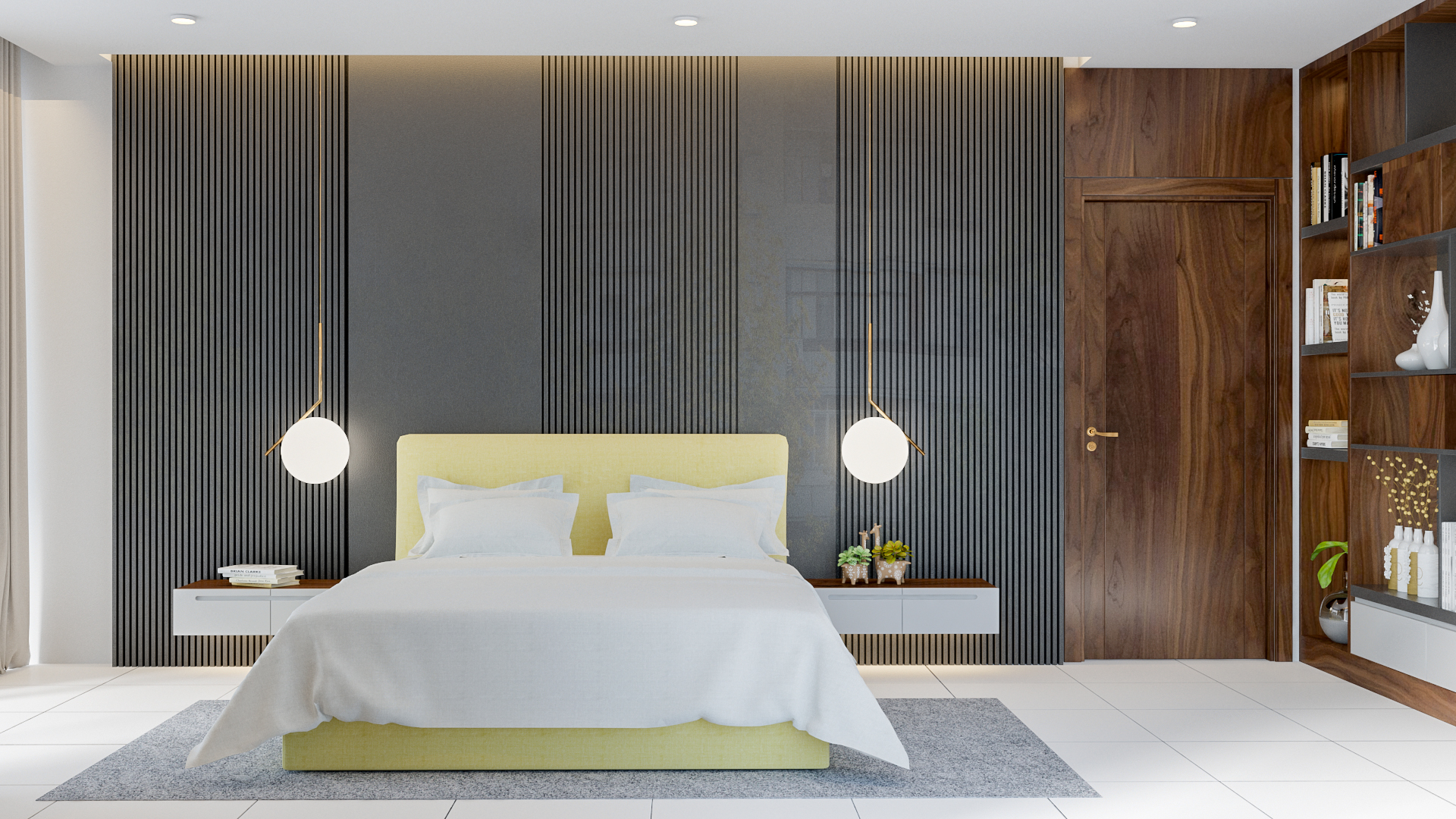 Mẫu thiết kế nội thất phòng ngủ với màu giường nổi bật