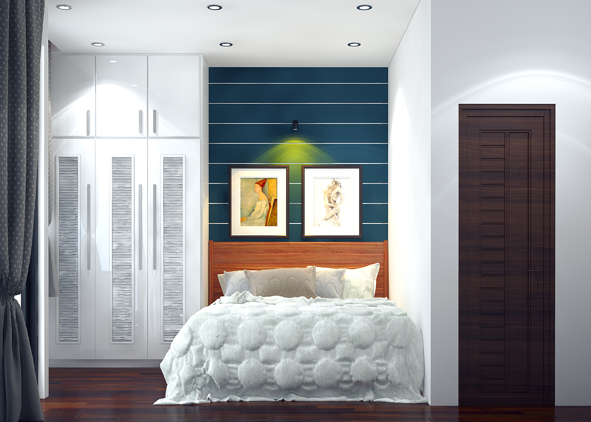Mẫu thiết kế nội thất phòng ngủ với đèn grant và tranh treo tường