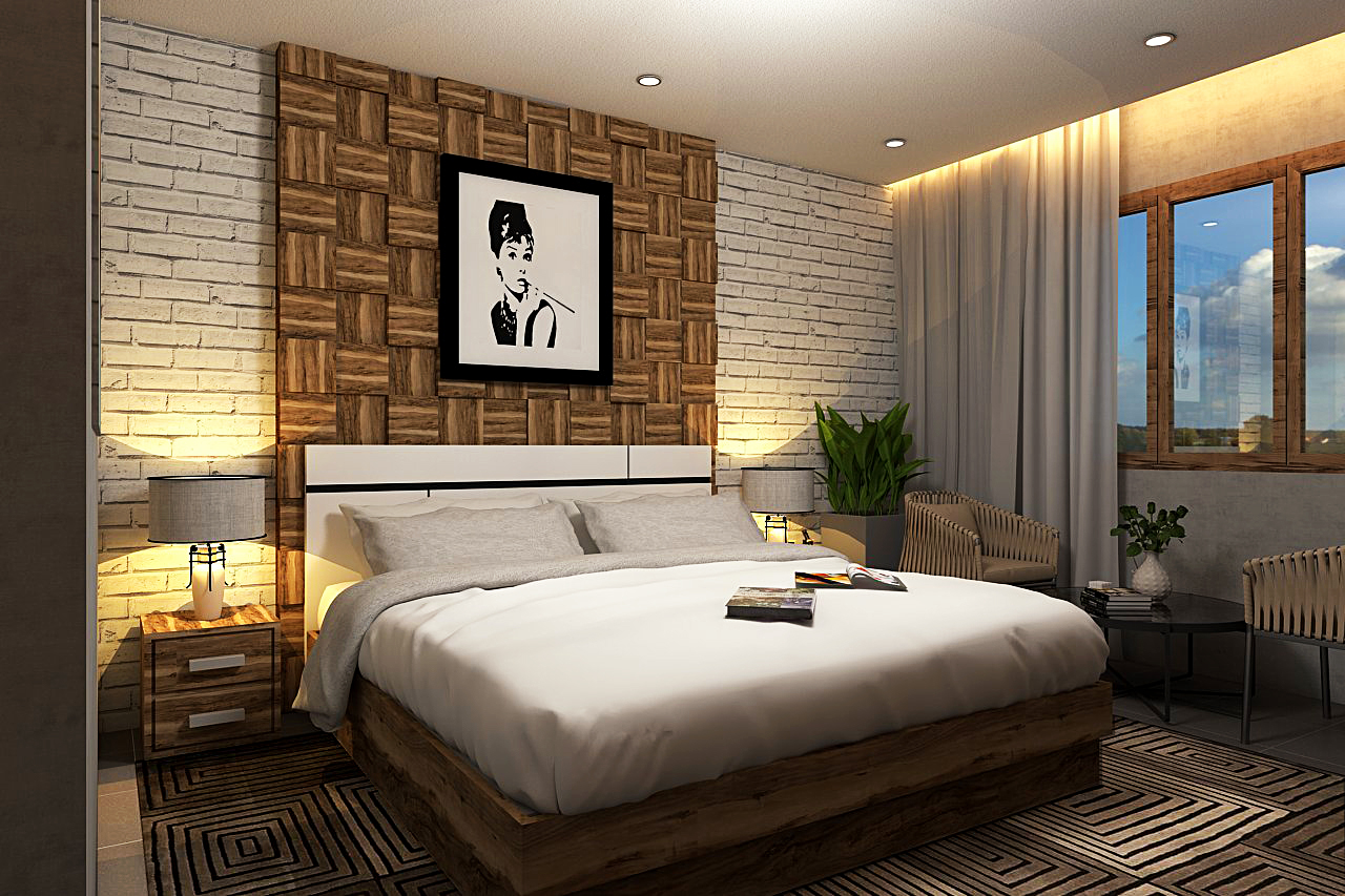 Mẫu thiết kế nội thất phòng ngủ có điểm nhấn là mảng tường gỗ