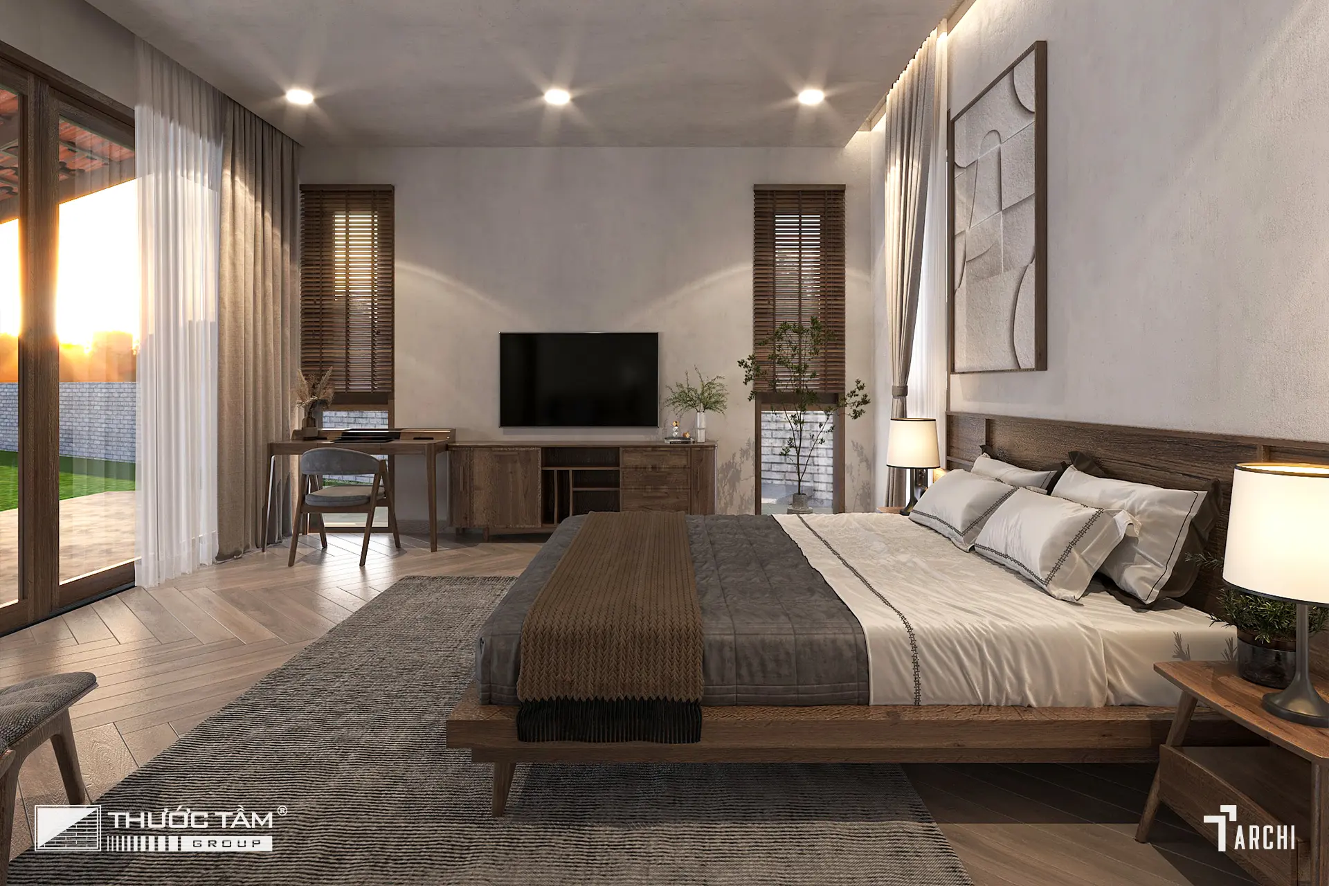 Phòng ngủ master mở tầm nhìn ra sân vườn mang lại trải nghiệm nghỉ ngơi trọn vẹn.