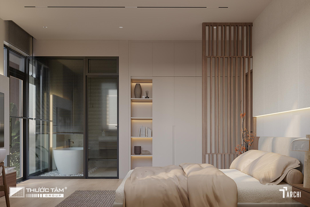 Phòng ngủ tối giản với gam màu trung tính.