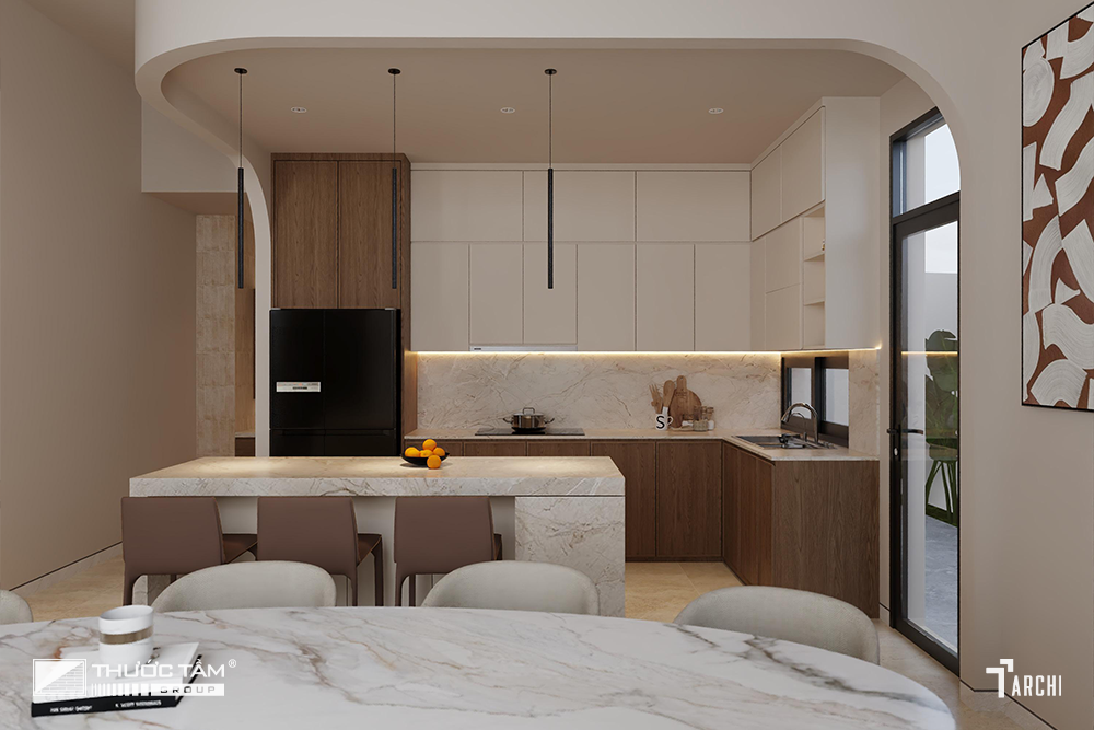 Khu bếp chú trọng tính tiện nghi và tối ưu lưu thông.