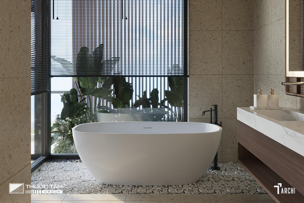 Bồn tắm độc lập và mảng kính mang đến cảm giác thư giãn tuyệt đối.