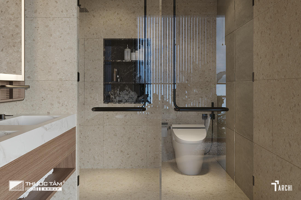 Từng khu vực phòng tắm được tách biệt rõ ràng nhờ hệ kính trong suốt.